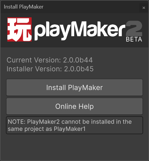 PlayMaker Install Window showing installation options
